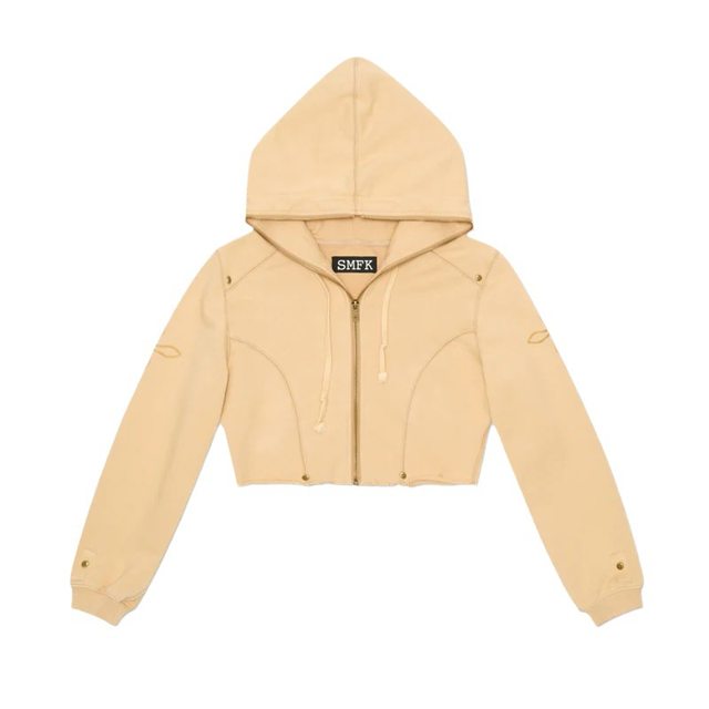 SMFK sports short jacket long sleeve embroidered cross armband fashion casual hooded women khaki beige hip-hop
