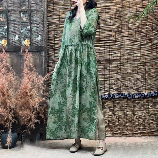 
Discounted summer new retro literary print dress with drawstring loose slim V-neck Chinese style seven-quarter sleeve long skirt