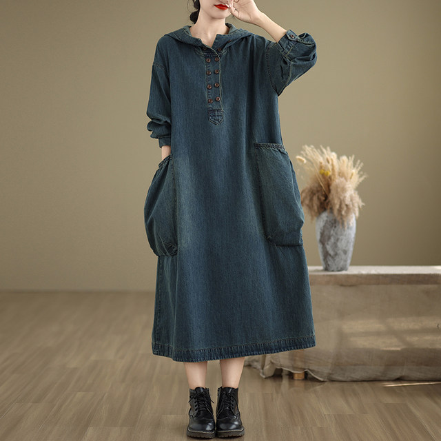 New spring and autumn hooded casual loose denim long-sleeved dress for women blue foreign trade export medium-length hidden meat
