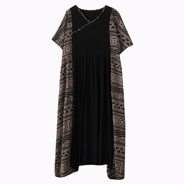 
Discount simple and fashionable bohemian long skirt for summer new fat plus size short sleeve V-neck printed dress