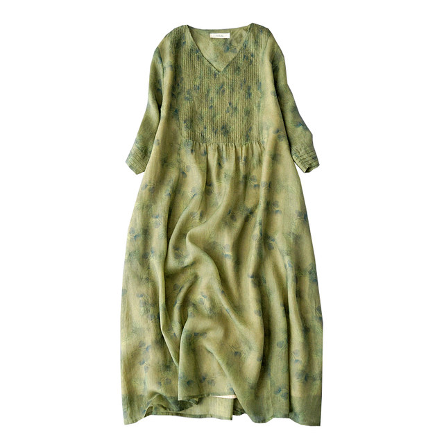Literary ramie printed V-neck three-quarter sleeve dress spring and summer new women's clothing simple thin linen A-line skirt colorful long skirt