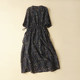 Original short-sleeved linen printed V-neck seven-quarter sleeve cotton linen dress for women new spring and summer waist-hugging long skirt to show slim temperament