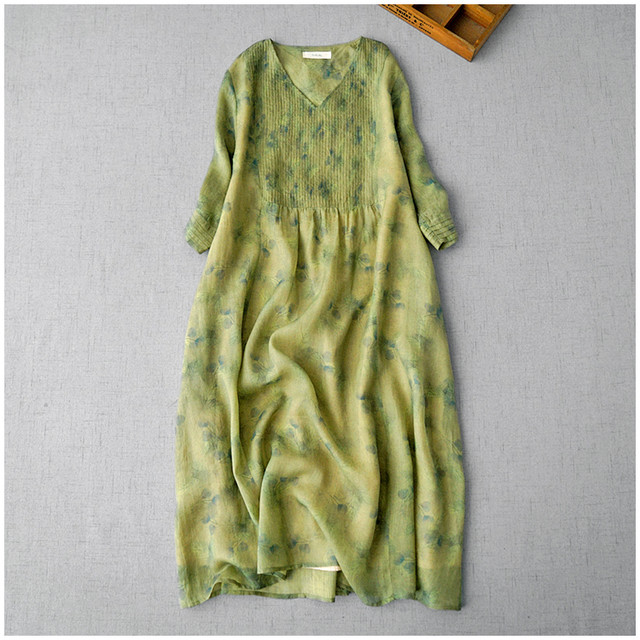 Literary ramie printed V-neck three-quarter sleeve dress spring and summer new women's clothing simple thin linen A-line skirt colorful long skirt