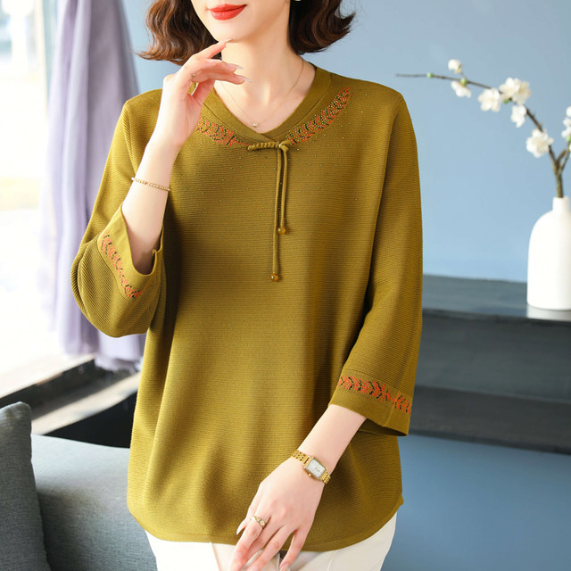 
Mom Spring and Autumn New Chinese Ice Silk Top Fashionable Noble T-shirt Middle-aged and Elderly Extra Large Size Women's Loose Knitted Sweater