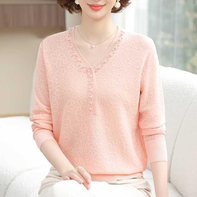 Fashionable mother spring and autumn thin sweater for women loose mulberry silk top for extra large size middle-aged and elderly beaded base shirt