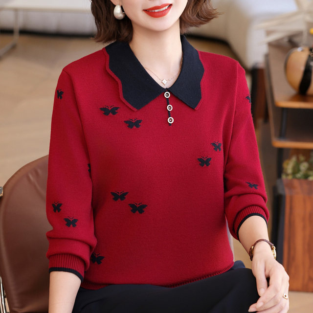 Autumn and winter style lapel cashmere sweater women's knitted top for middle-aged mothers to reduce age and gain weight plus size bottoming sweater