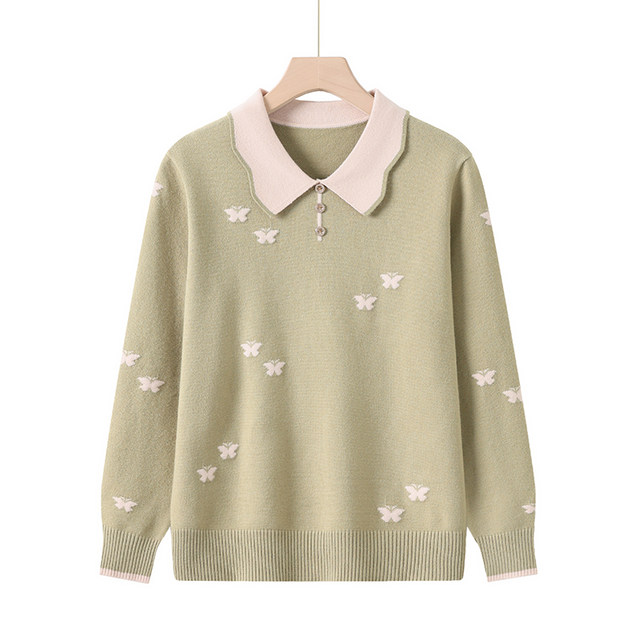 Autumn and winter style lapel cashmere sweater women's knitted top for middle-aged mothers to reduce age and gain weight plus size bottoming sweater