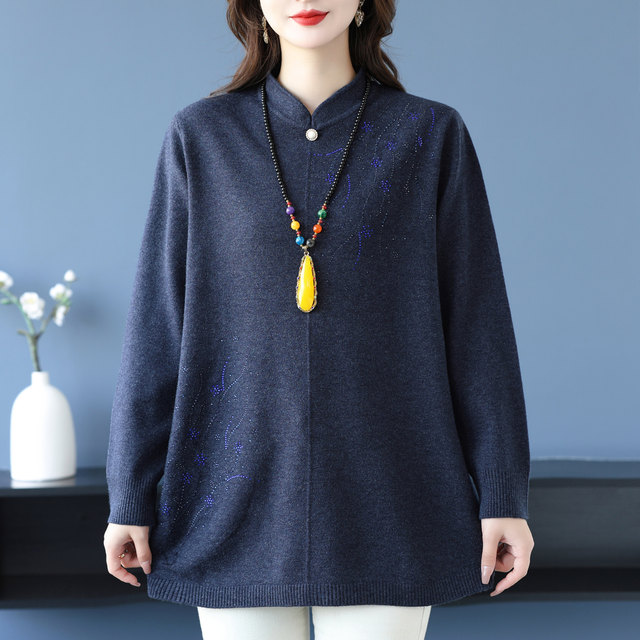 Middle-aged and elderly new Chinese style loose bottoming sweater women's medium-length mother's loose plus fat extra-large size stand-up collar woolen sweater
