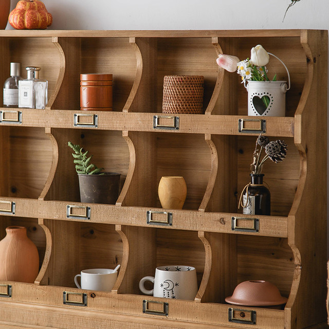 Retro solid wood multi-layer storage cabinet gardening cabinet flower shop living room bedroom hollow lattice cabinet lighting flower stand