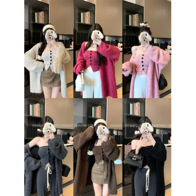 Korean style lazy style sweater jacket for women autumn tube top vest two-piece set super nice loose knitted cardigan top