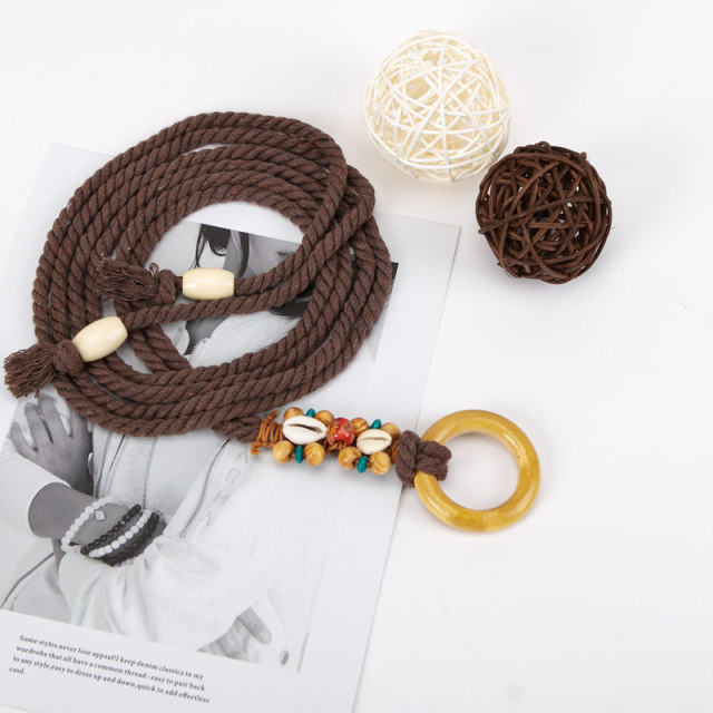 Young retro linen braided cotton rope belt women's decorative dress shell accessories knotted ethnic style waist chain