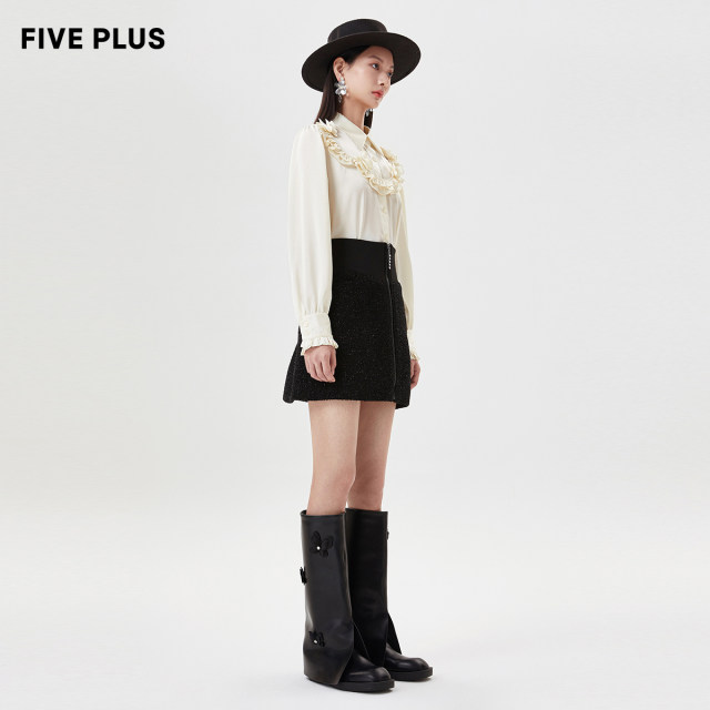 FIVE PLUS fancy tweed skirt women's high waist A-line skirt short skirt zipper temperament women's winter clothes