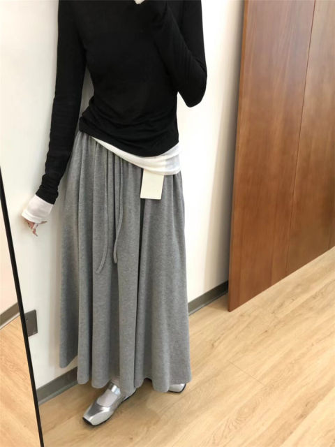 2024 Autumn Glutinous Rice Velvet Pocket Drawstring A-Line Skirt Skirt Women's Fashionable Slim European Textured Mid-Length Skirt
