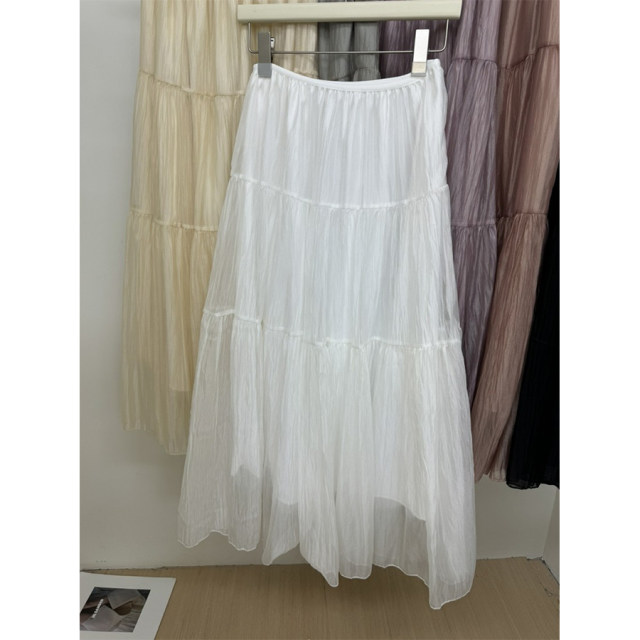 2025 spring colored yarn splicing cake skirt trendy and fashionable versatile elastic waist European loose midi skirt 438