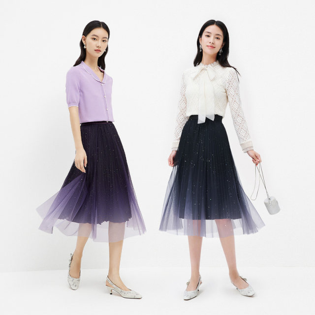 Koradior Kolatier Spring Mesh Elegant Skirt A-line Skirt Spliced ​​Mid-length Skirt