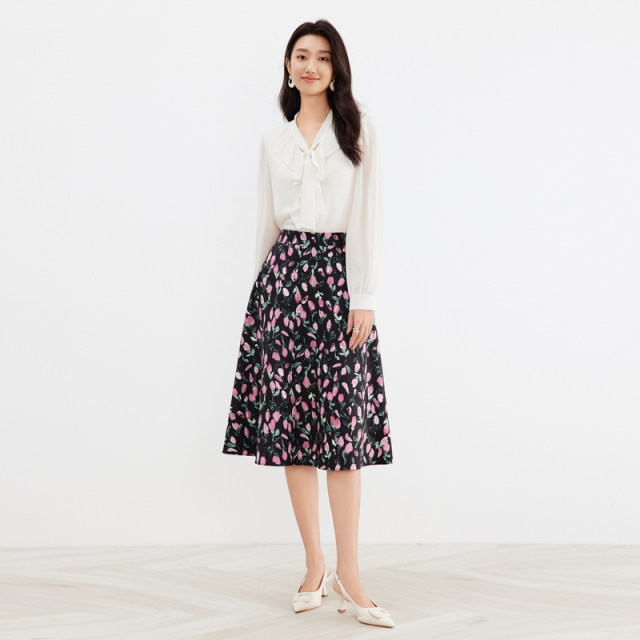 
Kelaitel women's clothing for spring commuting versatile floral design high waist A-line skirt long skirt