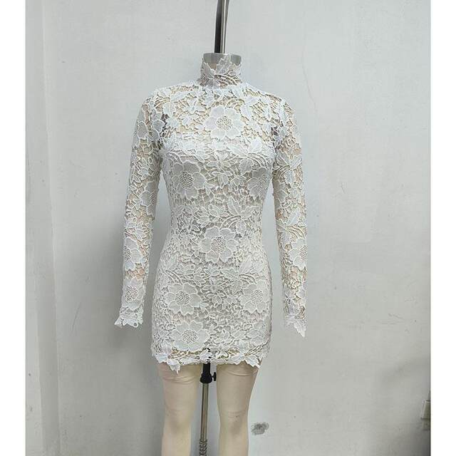 Light luxury high neck long sleeve white lace hollow skirt women's slim temperament lace birthday party dress