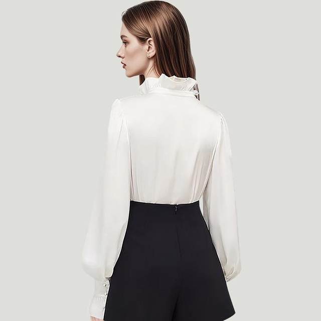 Stand-collar shirt for women long-sleeved new flared sleeve commuting top base fashionable niche white shirt 2954
