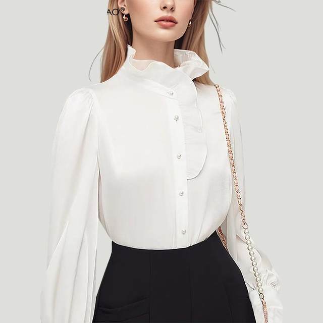 Stand-collar shirt for women long-sleeved new flared sleeve commuting top base fashionable niche white shirt 2954
