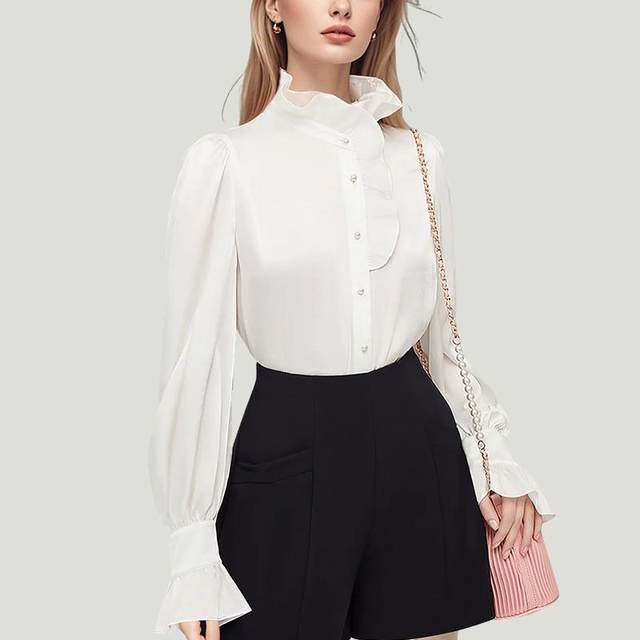 Stand-collar shirt for women long-sleeved new flared sleeve commuting top base fashionable niche white shirt 2954
