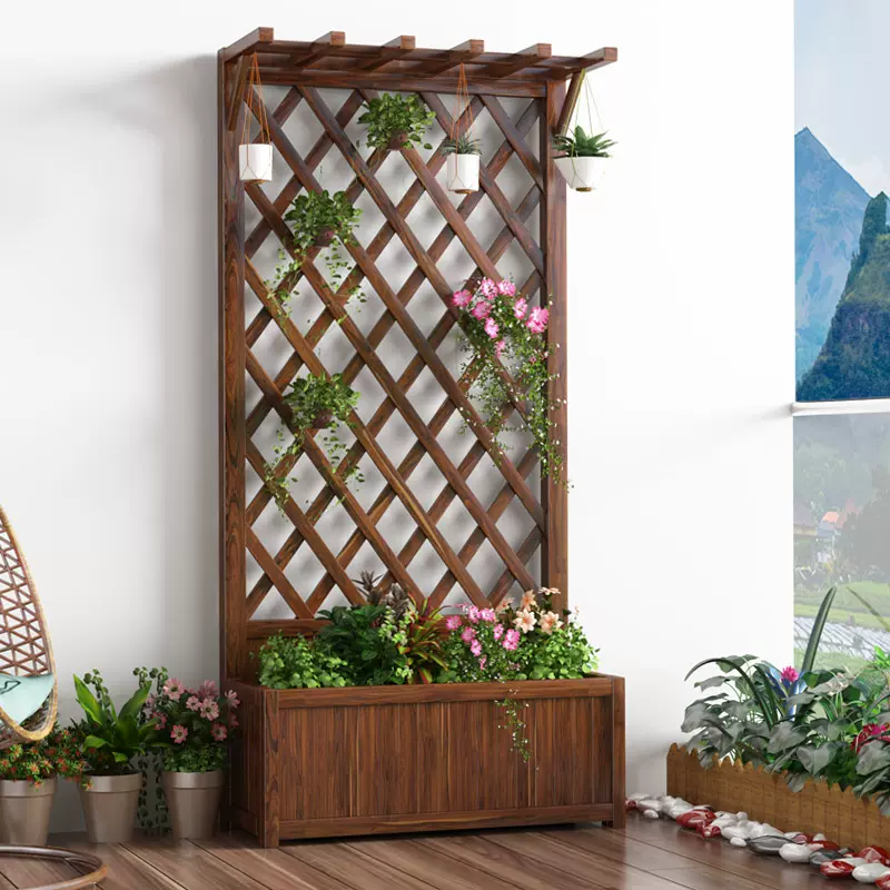 户外防腐碳化木网格花盆花架多层爬藤架种植箱 户外防腐碳化木网格花盆花架多层爬藤架种植箱