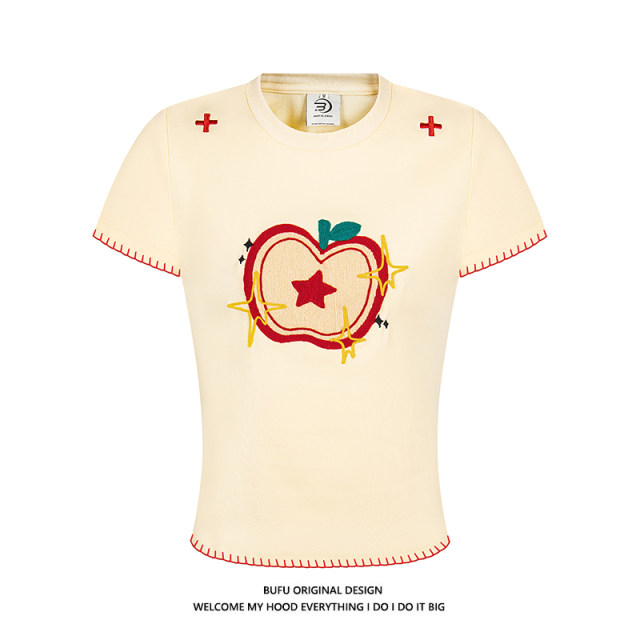 Billionaire BUFU American retro small apple embroidered short-sleeved T-shirt for women in summer sweet and spicy style shoulder slim tee