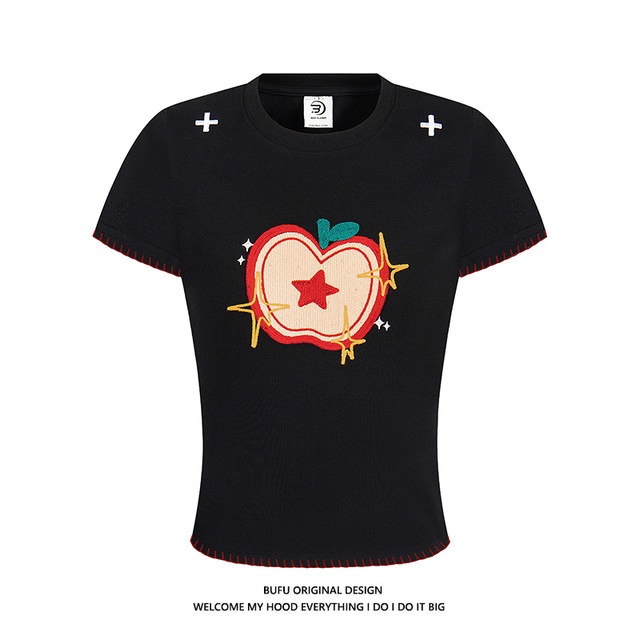 Billionaire BUFU American retro small apple embroidered short-sleeved T-shirt for women in summer sweet and spicy style shoulder slim tee