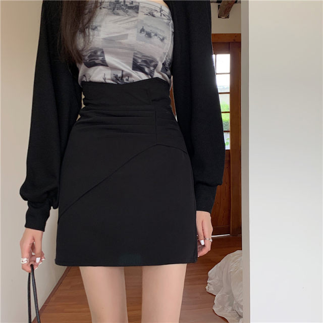 Large -size skirt female spring and autumn 2024 new fat MM high -waisted slim A -line skirt folded hip skirt to cover the belly
