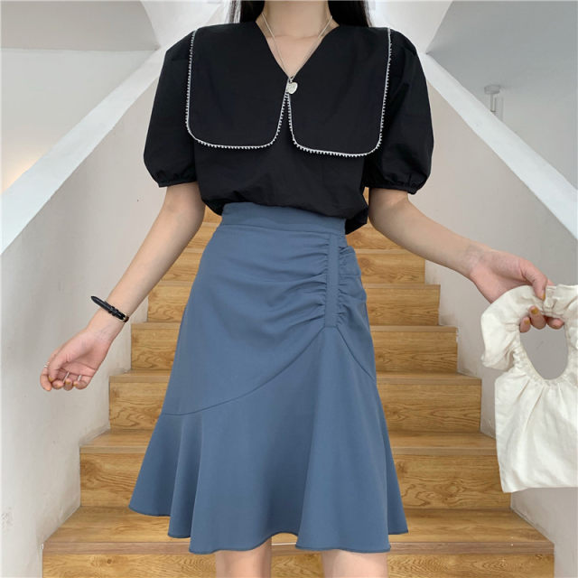 Large size mid-length skirt 2022 summer new versatile high waist pleated hip skirt ruffled retro fishtail skirt