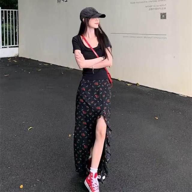 Large size ruffled floral skirt slit skirt for women spring and summer mid-length design high waist slim A-line skirt