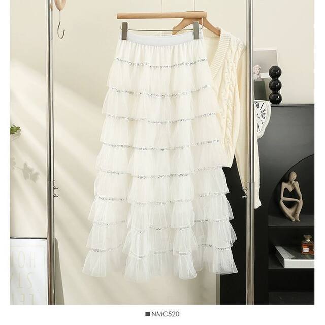 2025 Super Beautiful Spring and Autumn New Eight-Layer Mesh Sequin Splicing Heavy Industry High Waist A-line Sweet Cake Skirt
