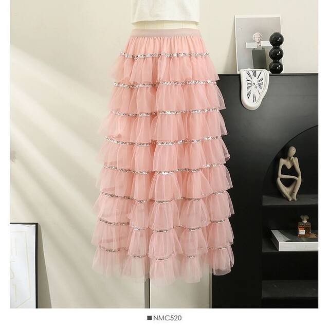 2025 Super Beautiful Spring and Autumn New Eight-Layer Mesh Sequin Splicing Heavy Industry High Waist A-line Sweet Cake Skirt
