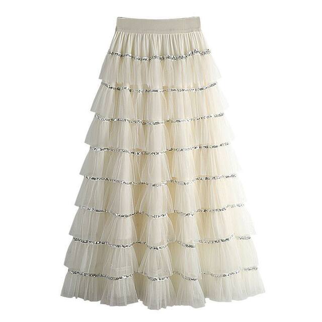 Heavy Industry Sequin Spliced ​​Mesh Cake Skirt 2025 Korean New High Waist A-line Sweet Skirt Long Skirt
