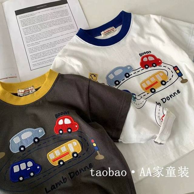 Children's autumn cartoon fake two-piece long-sleeved T-shirt for boys and baby spring clothes fashionable stickers 1 cloth thorn 2 embroidered base top
