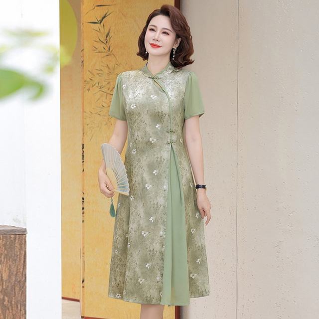 Mom dresses noble new Chinese cheongsam, cover belly, thin middle -aged female summer dress large size, long chiffon skirt

