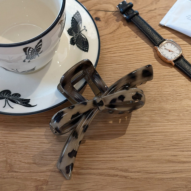 Korean leopard print bow scratch clip for women with high-end half-tied hair shark clip for extra large hair clip temperament headdress hair card