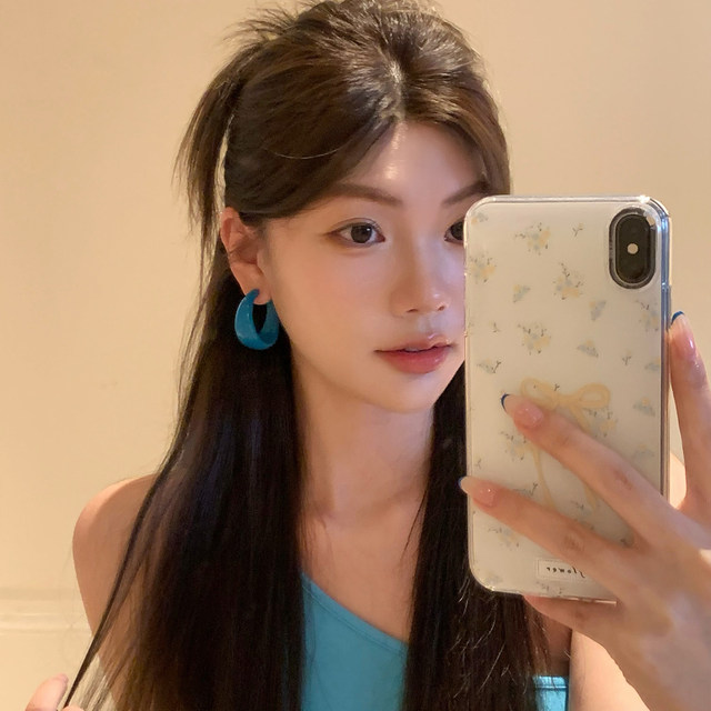 Retro Hong Kong style blue C-ring earrings for women's temperament earrings vacation style exaggerated earrings earrings circles plain circles