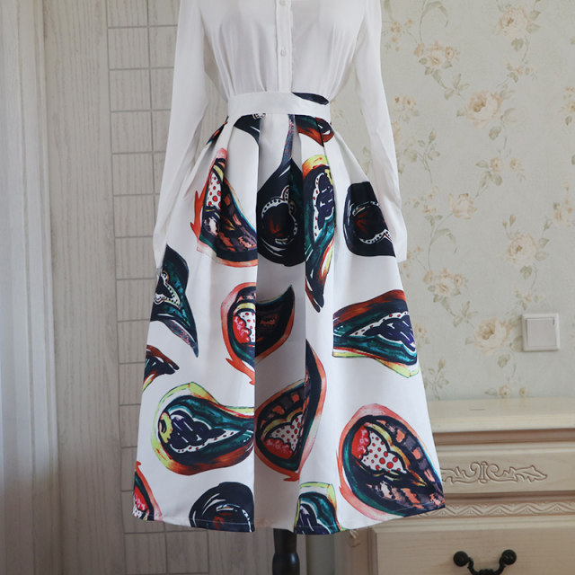 2025 Spring and Autumn New Women's Retro Print Pleated Mid-length Skirt A-line Large Swing High-waisted Umbrella Skirt