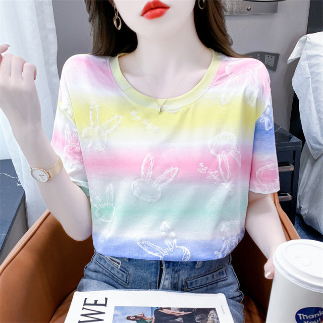 Cotton Rainbow striped stamps Short -sleeved T -shirt Female 2024 Summer New Loose White Family Round -neck clothes