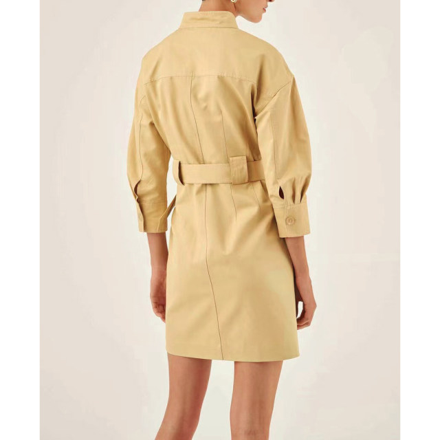 French niche design! Cotton and linen dress autumn half -high -necked waist tape temperament OL high -end commute British work style
