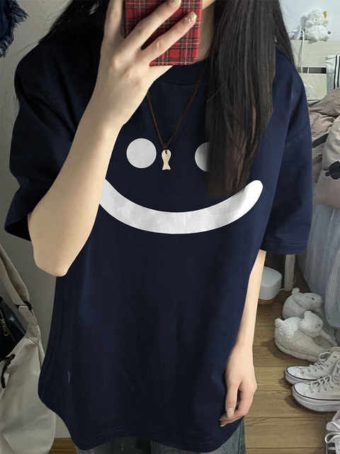 Pure cotton American fun smiling face print navy blue short-sleeved T-shirt for women 2025 new hot summer loose top