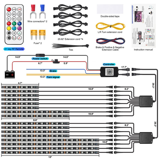 Motorcycle LED magic light modified atmosphere light waterproof multi-color belt remote control brake steering Bluetooth suitable for Harley