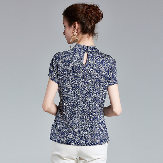 2025 summer semi-turtleneck knitted silk shirt for women short-sleeved mother dress elastic slim printed mulberry silk shirt for women