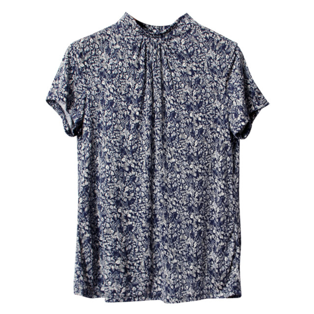 2025 summer semi-turtleneck knitted silk shirt for women short-sleeved mother dress elastic slim printed mulberry silk shirt for women