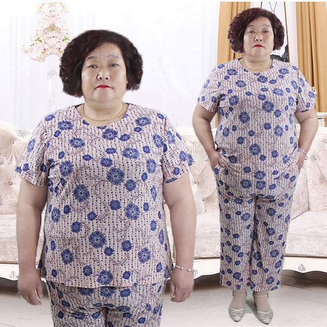 Middle-aged and elderly women's two-piece loose short-sleeved top T-shirt + pants casual elastic ice silk cool grandma set
