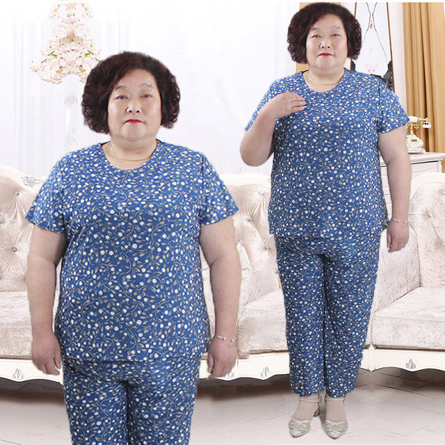 Middle-aged and elderly women's two-piece loose short-sleeved top T-shirt + pants casual elastic ice silk cool grandma set
