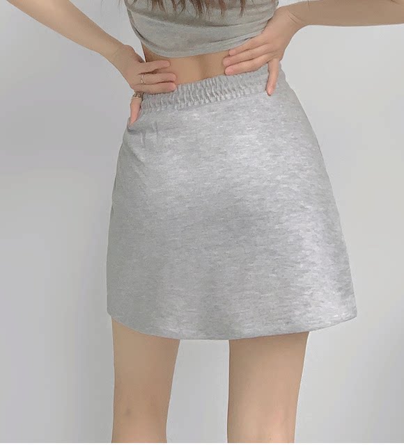 Spring and summer drawstring short skirt for women half-high waist slim sports sweatshirt dress gray American hot girl A-line hip-pack large size
