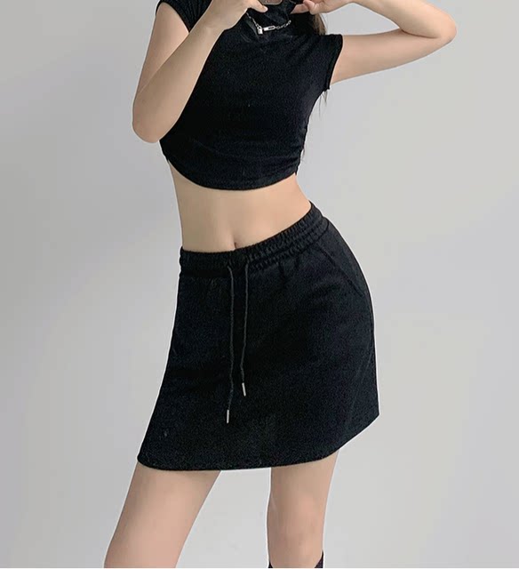 Spring and summer drawstring short skirt for women half-high waist slim sports sweatshirt dress gray American hot girl A-line hip-pack large size
