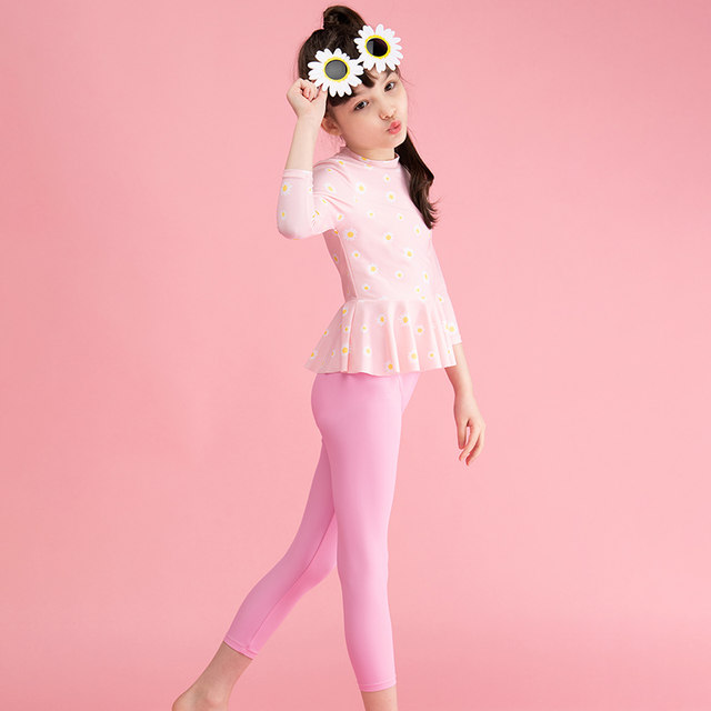 Yizi's new girl split swimsuit flat corner medium-large children's ruffle color-blocking long sleeve trousers sun protection swimsuit