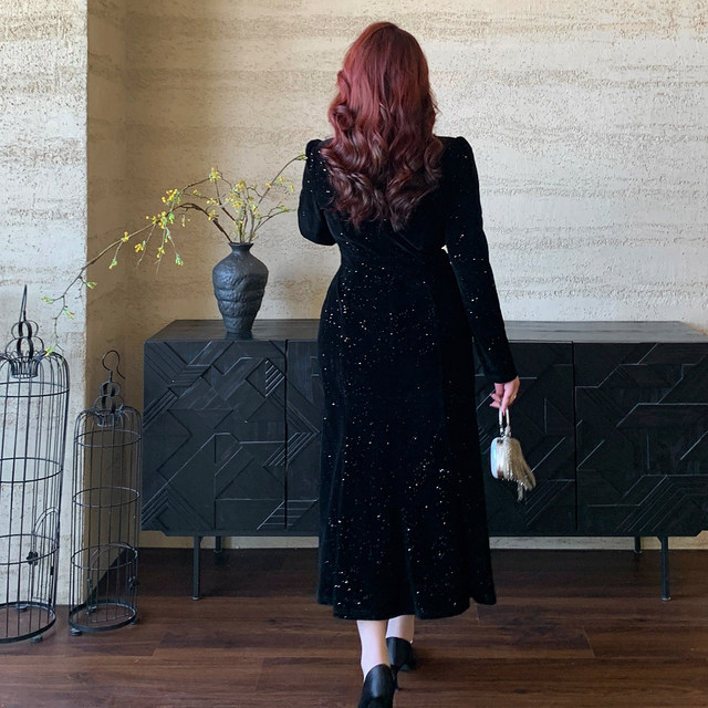 GLEC Plus Size Women's 2025 Autumn and Winter New Retro Hepburn Style Heavy Industry Rhinestone Fashion Sequined Fishtail Dress